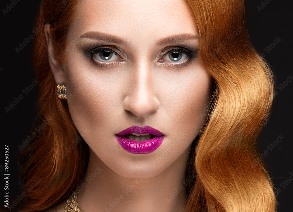 Beautiful red hair woman with evening make-up, pink lips and Beautiful red hair woman with evening make-up, pink lips and