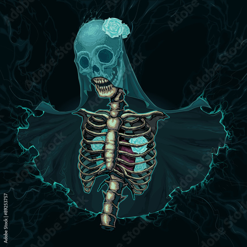 Skeleton with veil and white roses photo