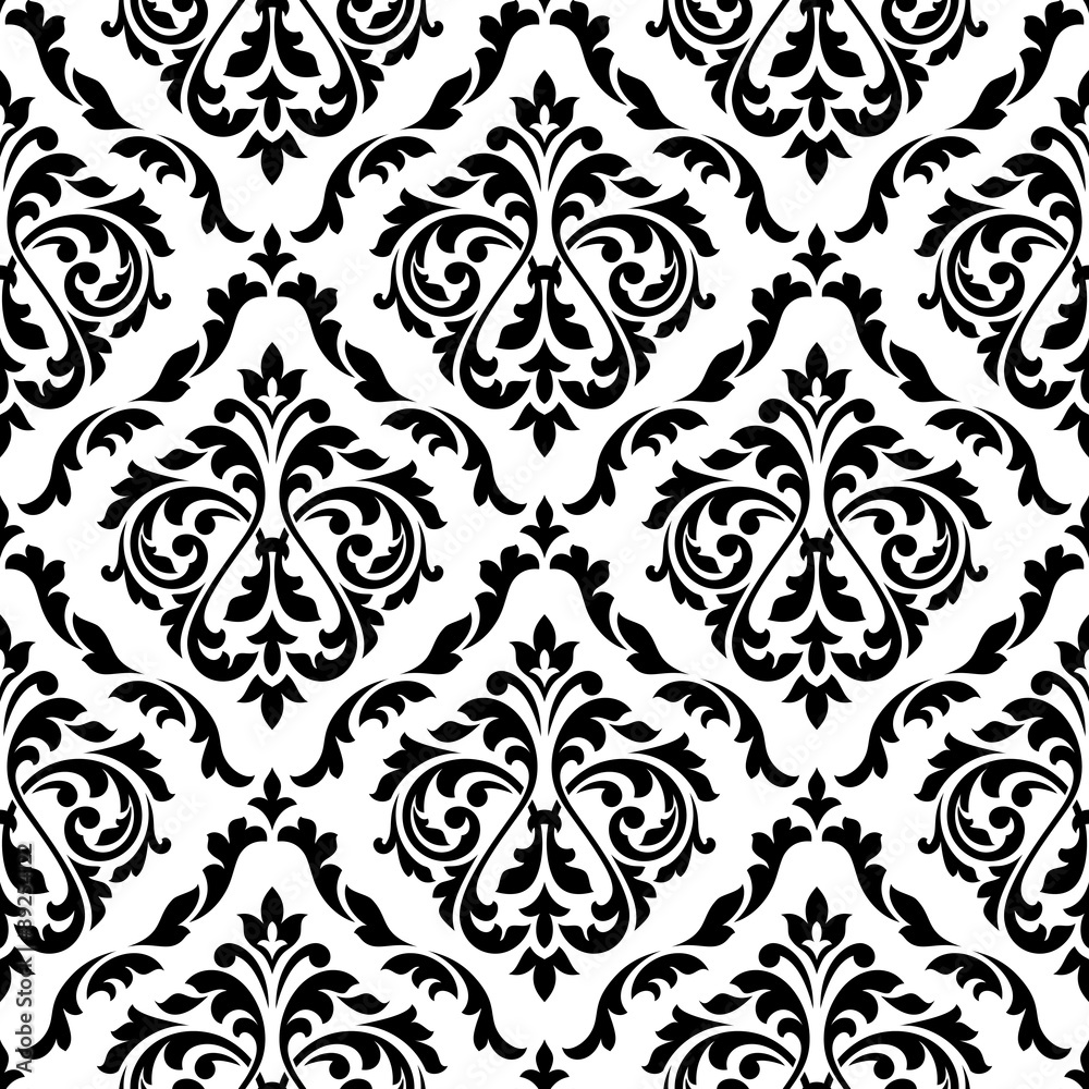 Damask black and white floral seamless pattern