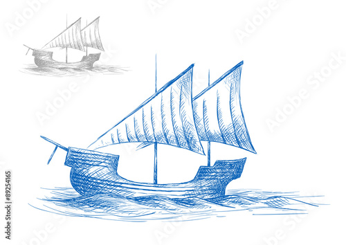 Sketch of old medieval sailing ship