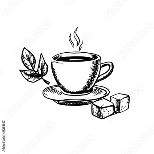 Tea cup with sugar and mint leaves