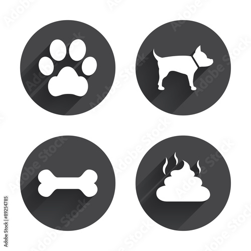 Pets icons. Dog paw and feces signs.
