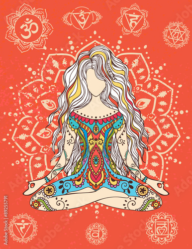 Ornament beautiful card with Vector yoga Geometric element hand drawn Types practices is Raja, Karma, Jnana, Bhakti, Hatha, kaleidoscope medallion yoga india arabic For logos banners flyers