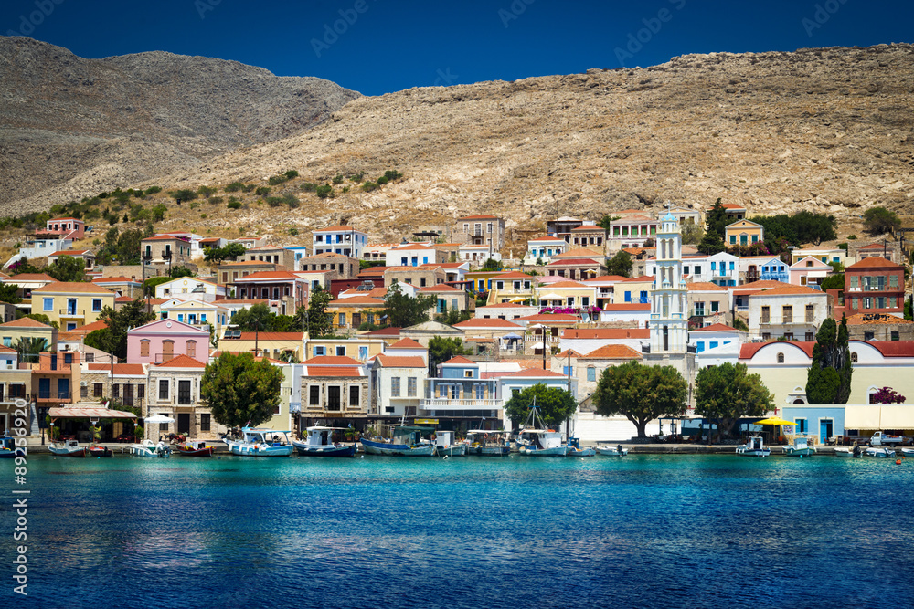 Multi-coloured buildings of Halki Island (Chalki)