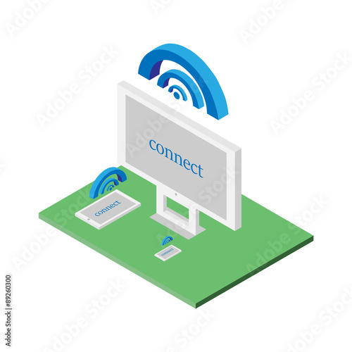 Flat 3d isometric computerized technology designer workspace infographic concept vector. Tablet, laptop, smart phone, desktop computer, wifi connect