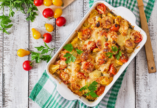 Vegetarian Vegetable casserole with zucchini, mushrooms and cherry tomatoes