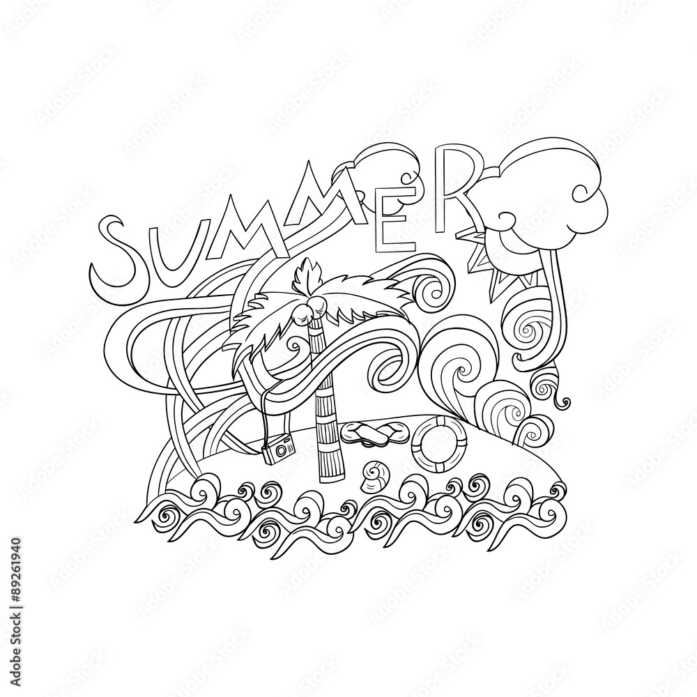 Summer hand lettering and doodles style elements.