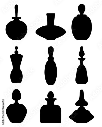 Black silhouettes of perfume bottles, vector