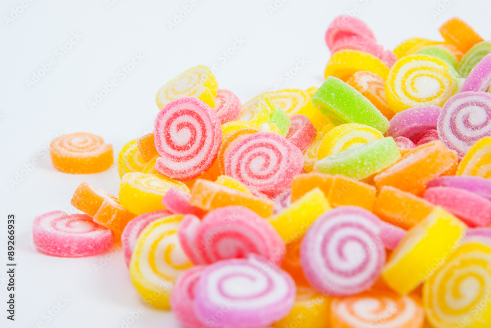 Jelly sweet, flavor fruit, candy dessert colorful on white paper