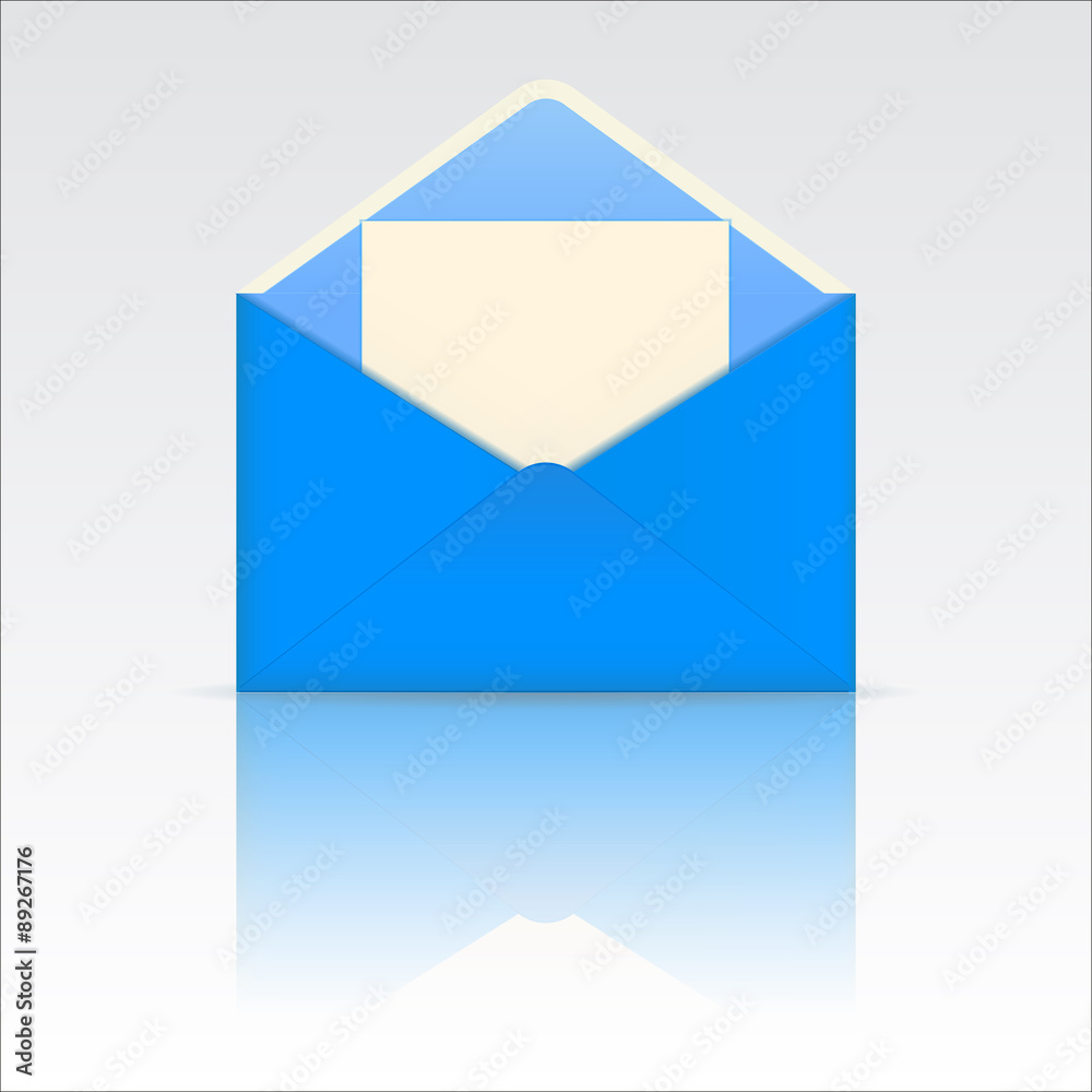 Open blue envelope with blank paper with reflection Open blue envelope with blank paper with reflection
