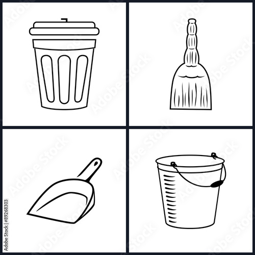 Cleaning Icons Set ,  Isolated,Dustbin, Broom, Dustpan,Bucket,  Black and White Vector Illustration