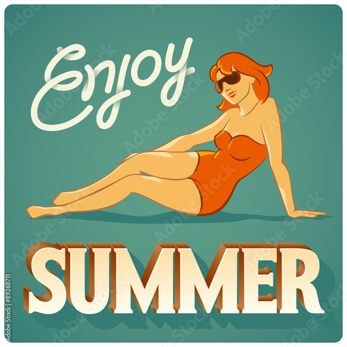 Vector poster of vintage sexy girl with enjoy summer header