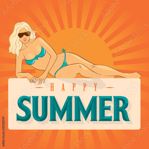 Vector poster of blonde sexy woman in green bikini lying on summer banner