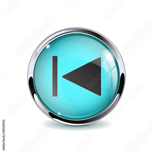 Glass button - Previous. Round web media icon with metallic frame. 