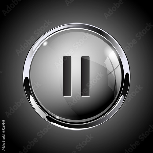 Glass round button. Shiny Grey web icon PAUSE with metallic frame.