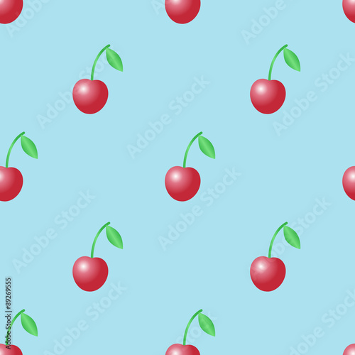 Summer vector seamless pattern with red cherries on the light blue background.