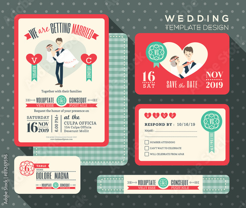 groom carrying bride cartoon retro wedding invitation set design