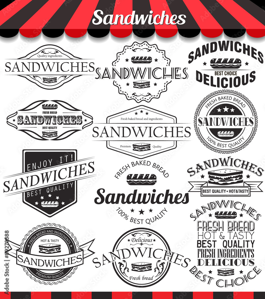Fototapeta premium Vector illustration set of sandwiches retro vintage labels, badges and logos. 