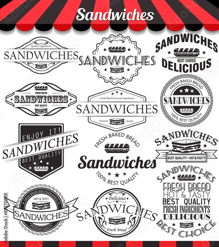 Vector illustration set of sandwiches retro vintage labels, badges and logos. 