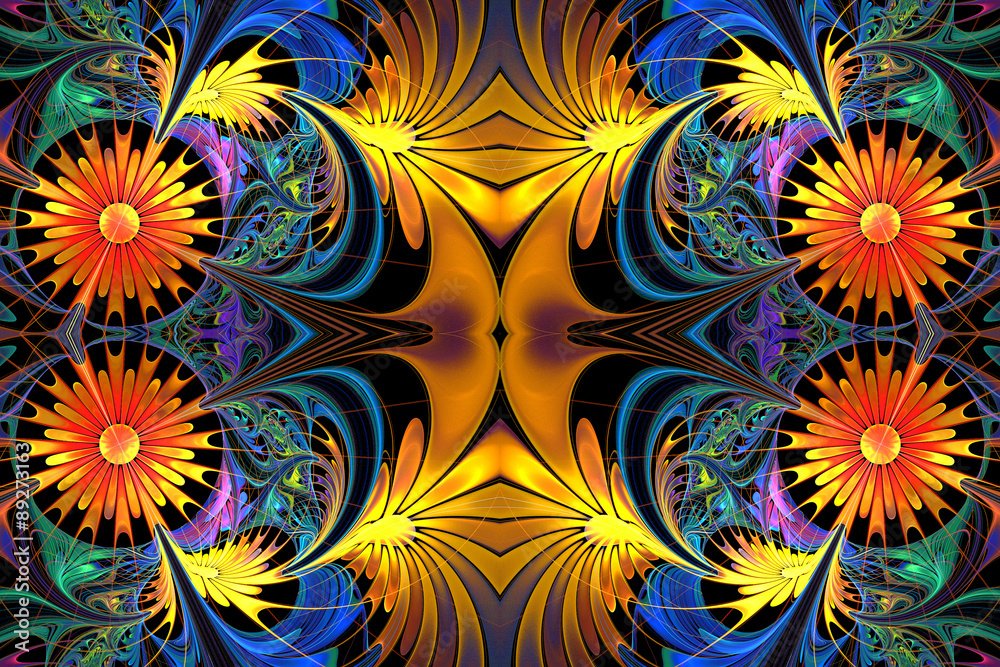 Obraz premium Flower pattern in fractal design. Yellow and blue palette. On bl