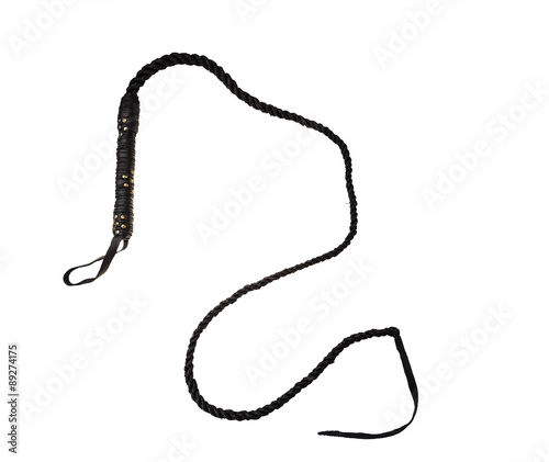 black leather whip isolated on white background 