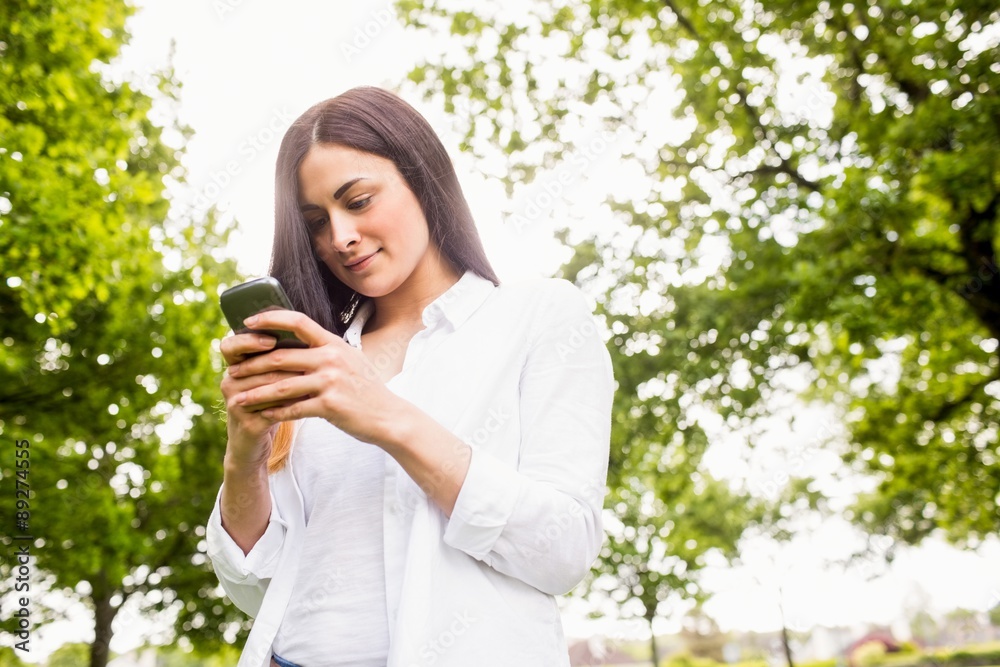 Beautiful brunette sending a text message