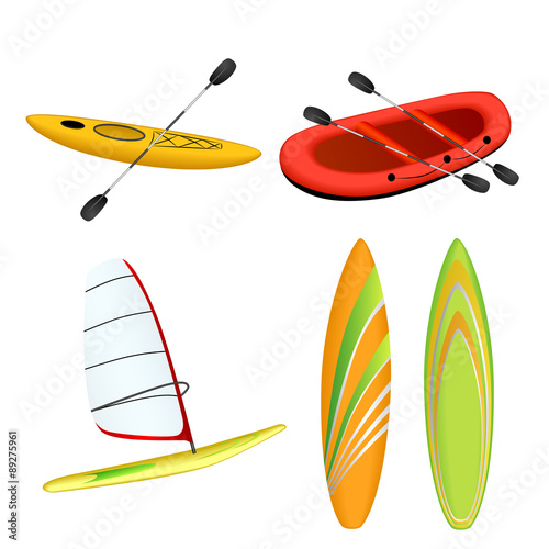 Sport boat red rafting yellow kayak orange green surfboard windsurfing isolated illustration vector