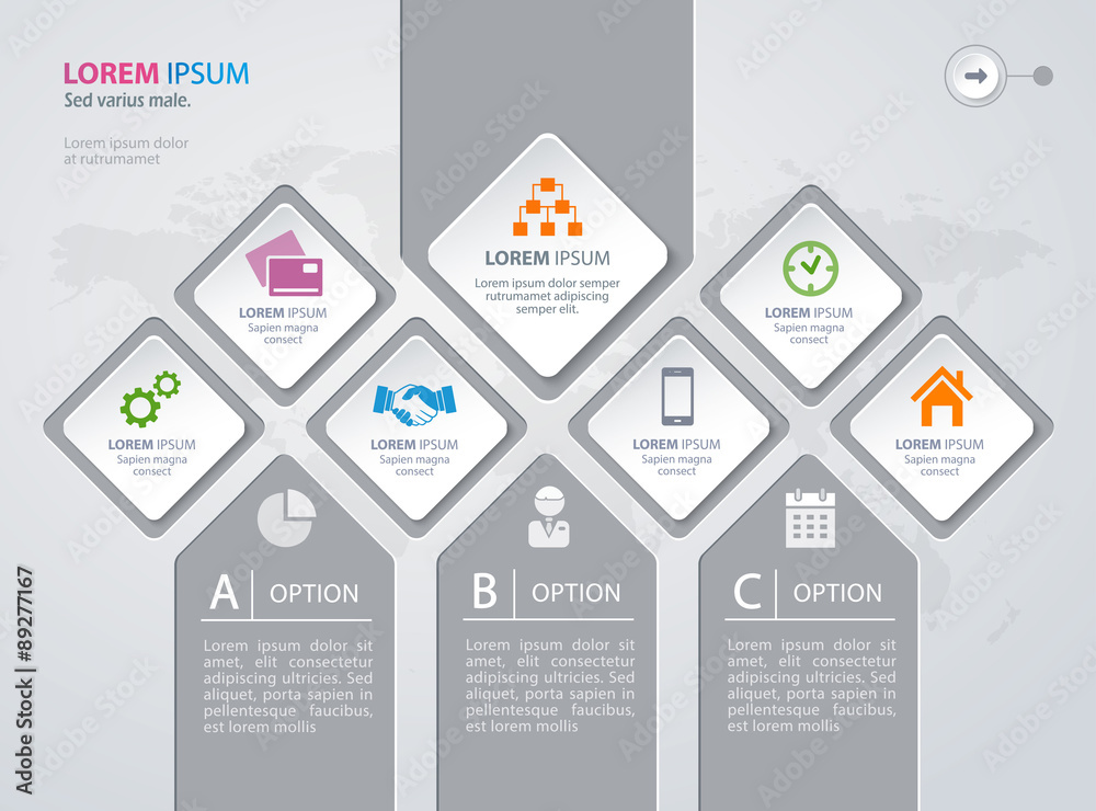 Vector Infographic design white rhombus with world map on the grey background.