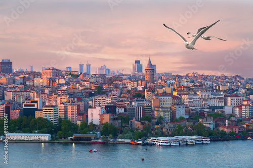 Quarter of Beyoglu and Galata tower at sunrise, Turkey photo