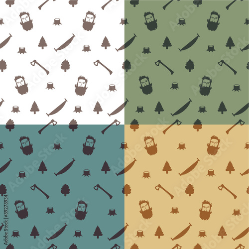 Lumberjack pattern. Seamless pattern set with a stump, axes and a 
woodcutters head. 
