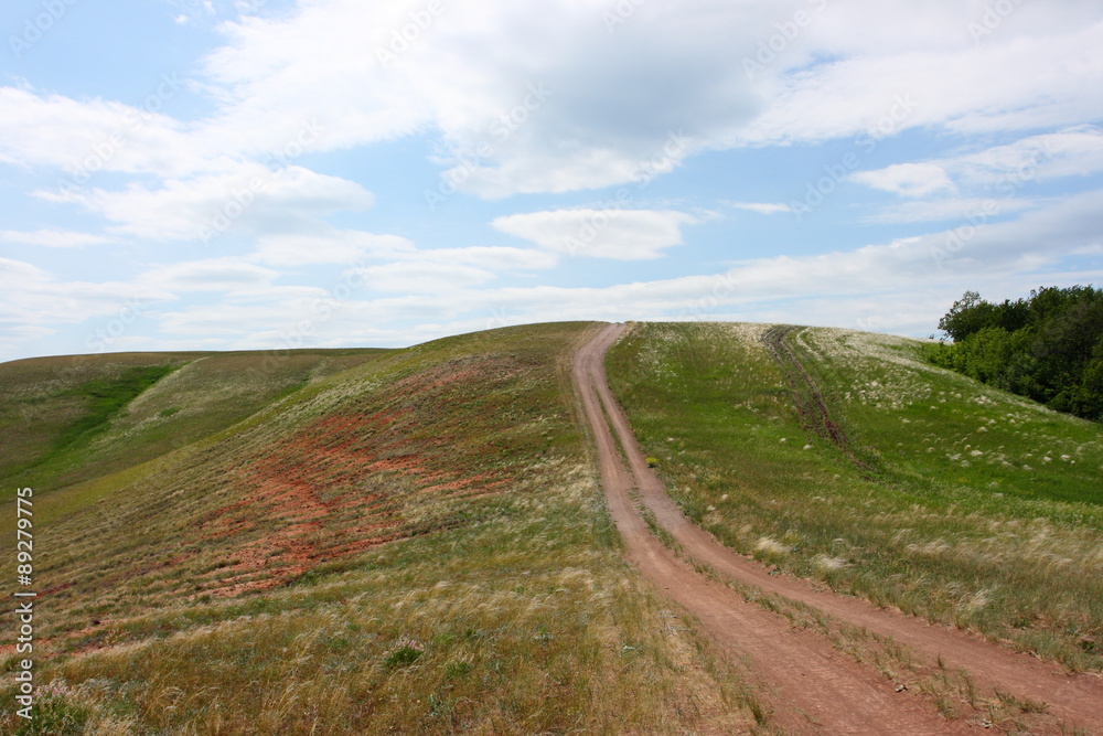 Steppe dirt road towards a hill top against a blue sky