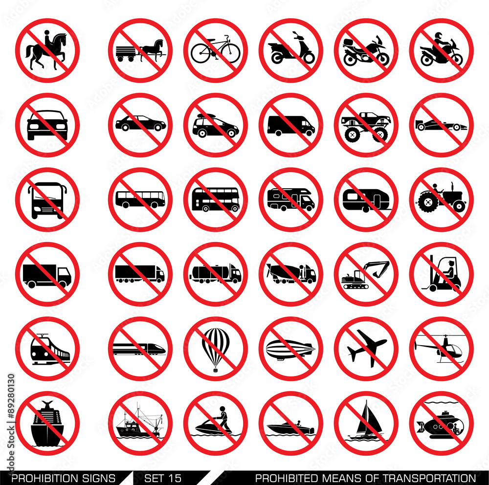 Set of prohibition signs for different means of transportation. Collection of signs that ban usage of certain means of transportation. Transportation icons. Set of prohibition signs for different means of transportation. Collection of signs that ban usage of certain means of transportation. Transportation icons.