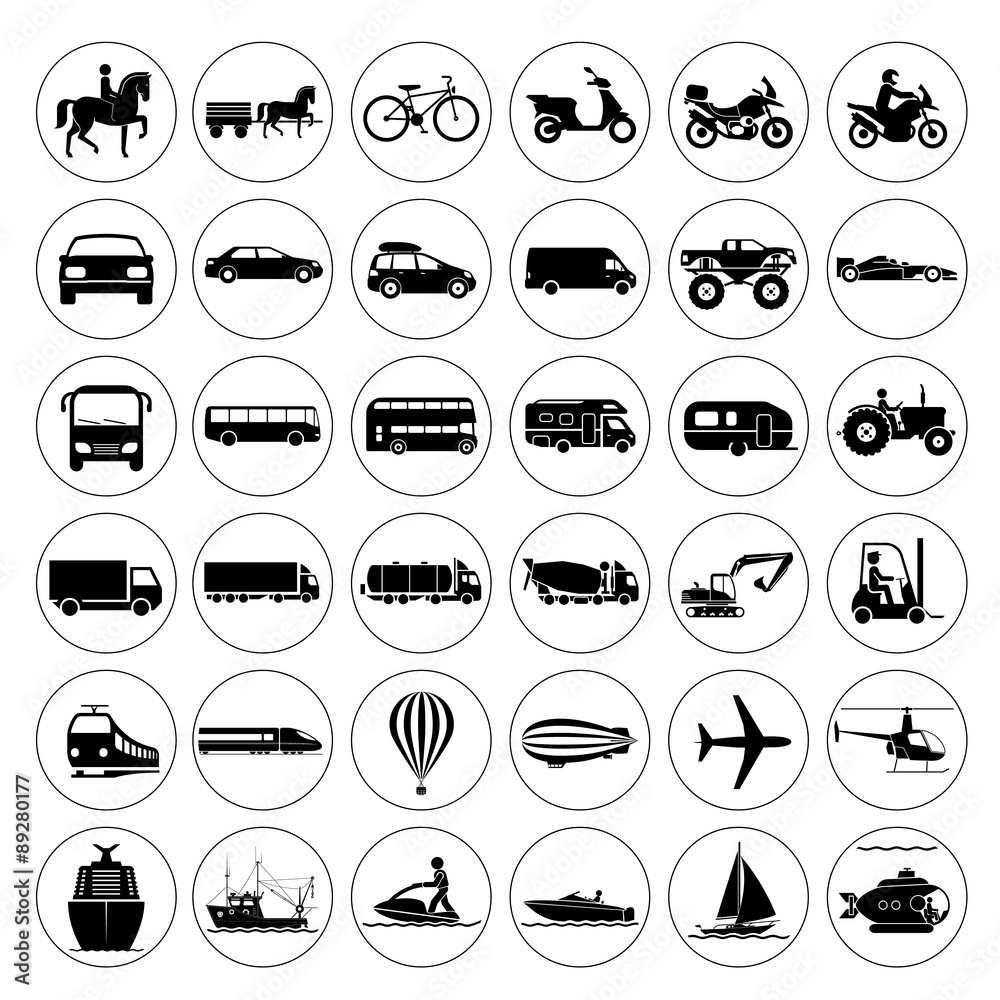 Signs presenting different means of transportation. Collection of signs presenting different modes of transport on land, water and in the air. Transportation icons. 