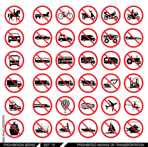 Set of prohibition signs for different means of transportation. Collection of signs that ban usage of certain means of transportation. Transportation icons.