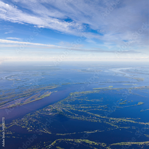 Great river during spring flood  top view