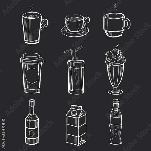 Set of different hand drawn beverages on the blackboard. Vector