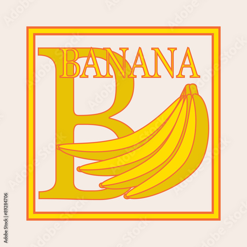 B - banana, Alphabet. English capital letter B. Vector flat illustration of banana branch. Educational card. Flashcard letter B.