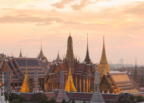 Wat Phra Kaew, Temple of the Emerald Buddha and Grand Palace at twilight in Bangkok, Thailand
