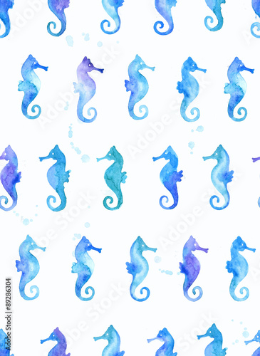 Seamless watercolor pattern with seahorses. Vector background.