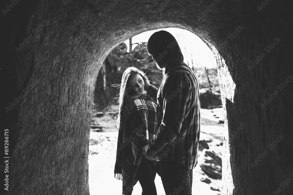 couple in love outdoors in the mountains on the background of ro