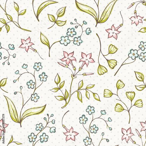 Beautiful seamless pattern with Forget-me not and jasmine flowers. Vector background.