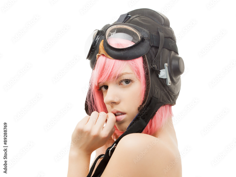 topless pink hair girl in aviator helmet topless pink hair girl in aviator helmet
