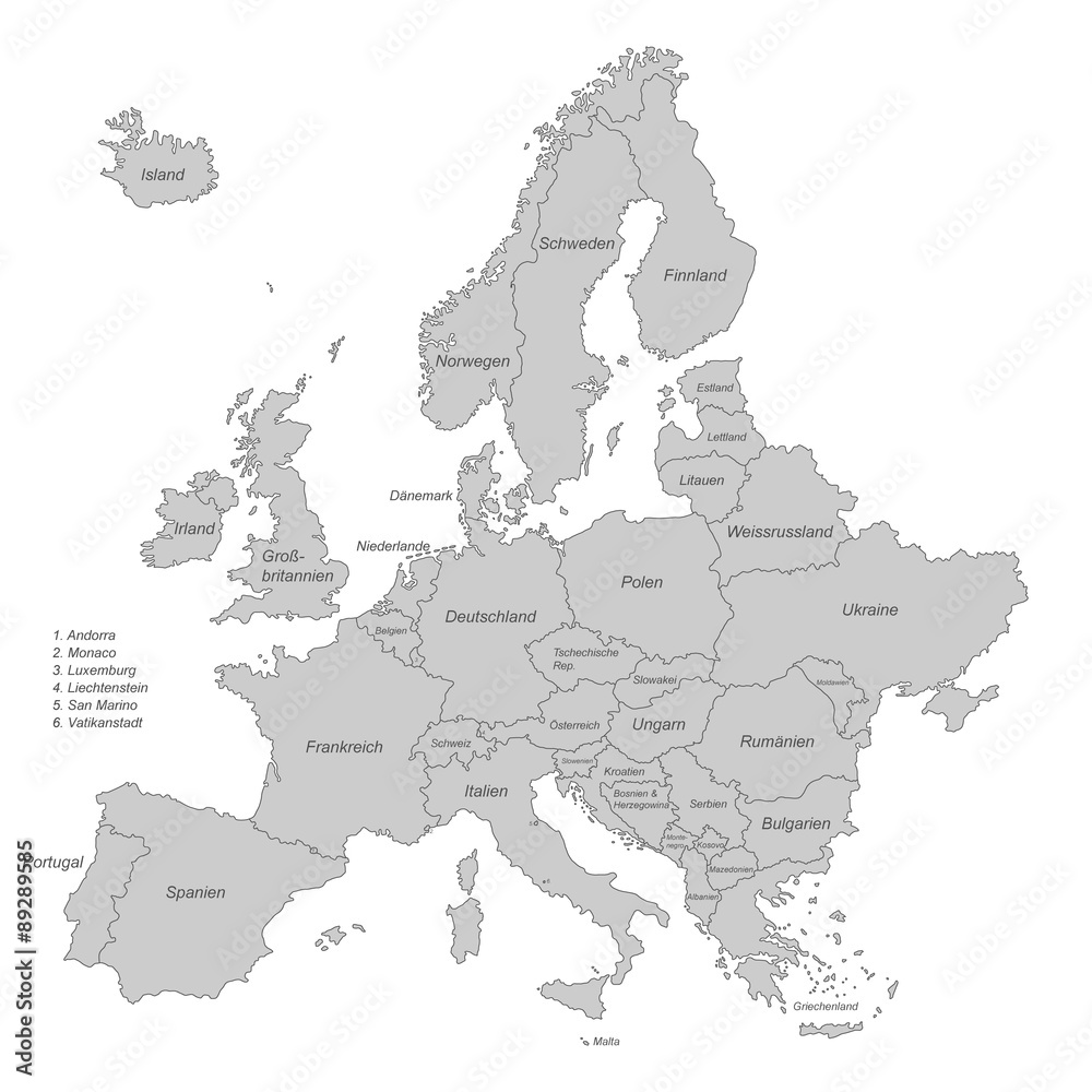 Naklejka premium Europa in grau (beschriftet) - Vektor