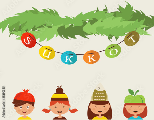 happy sukkot. kids with costume hats in traditional sukkah