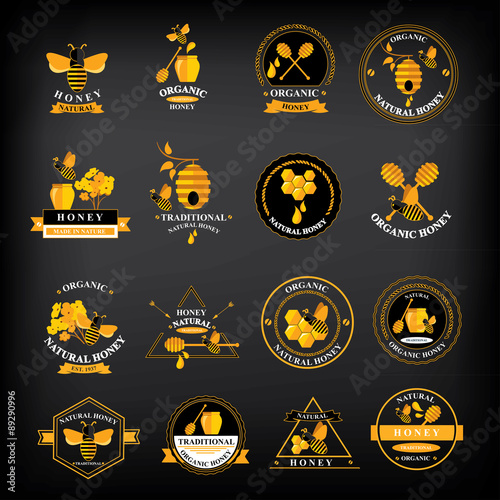 Set Honey badges and labels. Abstract bee design.