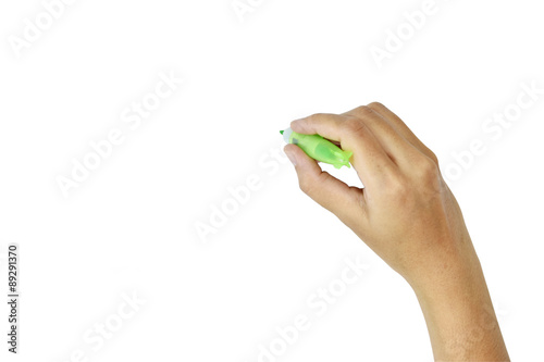 Women of hand with pen  writing isolate on white background