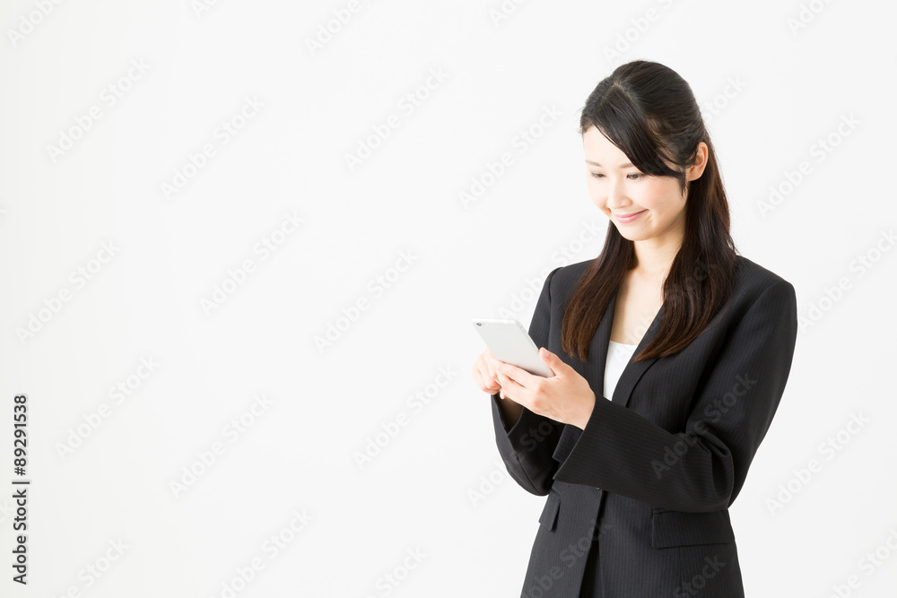asian businesswoman using smart phone on white background asian businesswoman using smart phone on white background