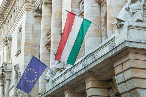 Budapest Hungary, Hungarian and European Union flags closeup