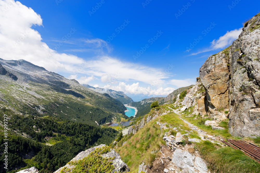 Val Ghilarda and Lago d'Arno - Lombardy Italy / Ghilarda Valley and Lake of Arno (man made lake) seen from Campo pass. Adamello, Lombardy, Italy