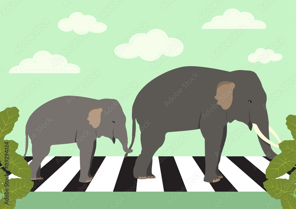 elephants crossing zebra crossing, vector illustration elephants crossing zebra crossing, vector illustration